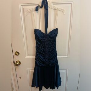 Sapphire blue beaded halter dress